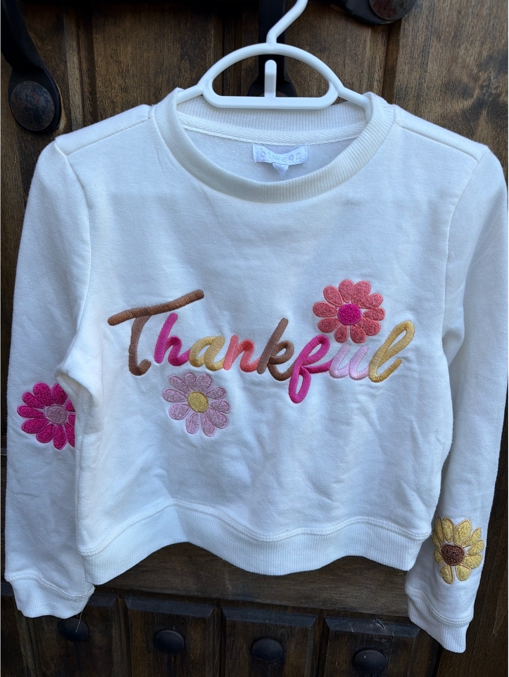 Tween Girls' White Thankful Embroidered Sweatshirt Size 7